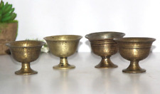 4PC Antique Brass Round Incense Wick Bowl Pot Original Old Hand Crafted Engraved picture
