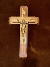 Vintage Sick Call / Last Rites Crucifix. Walnut with inlay Wood Gold Plated INRI picture