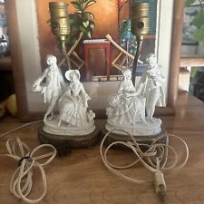 Pair Antique White Porcelain Victorian Courting Couple Lamp Tested And Working picture