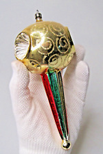 VTG Glass Multi Indent Fluted Jumbo Glittered DROP Christmas Ornament Poland Gld picture