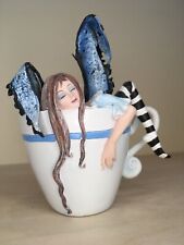 **VINTAGE EBROS AMY BROWN TEACUP FAIRY 'I NEED COFFEE' SCULPTURE FIGURINE BLUE picture