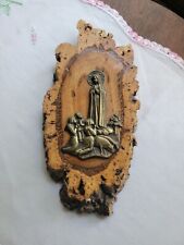 Vintage Our Lady of Fatima metal plaque on cork wood, Portugal, pre-owned, 1980s picture