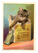 c1880 Dr. Thomas Eclectric Oil Trade Card Cute Cat Kitten Bottle Box Gardiner ME picture