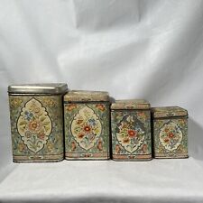 SET 4 CANISTERS, antique Flora embossed painted tins, Holland. picture