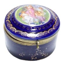 Vintage French Gold Gilt Cobalt Blue Porcelain Round Trinket Box picture