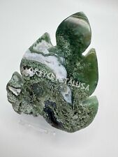 Moss Agate Leaf Carving #1 Natural Quartz Stone With Druzy 104gr Healing Reiki picture