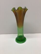 Antique 10” Northwood fine rib carnival glass vase iridescent marigold on green picture