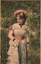 1880s-90s Woman in White Dress Among Trees Colorful Trade Card picture