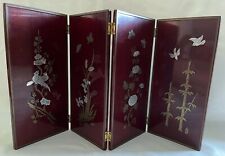 Vintage Asian 4 Panel Lacquer Table Screen Inlaid Metal Four Seasons Flowers picture