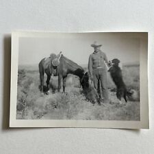 Vintage B&W Snapshot Photograph Handsome Man Cowboy Dog & Horse American West picture