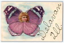 c1910's Butterfly Pretty Girl Head Glitter Delaware Illinois IL Antique Postcard picture