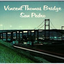 c1970s San Pedro CA Night Vincent Thomas Suspension Bridge Lights LA Chrome A197 picture