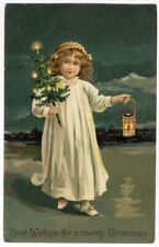 CHRISTMAS Little Girl with Tree Lantern Snow Postcard c 1910 picture