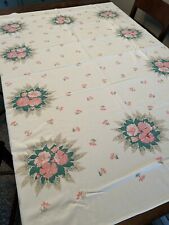 Vintage Tablecloth Cotton Floral Shades Of Pink Green Red Accent picture
