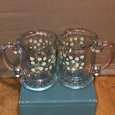 2 Vintage Large Clear Glass Daisy Daisies Floral Print Coffee Mug Tea Cups picture