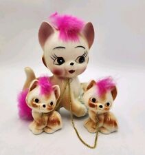 Vintage Anthropomorphic Ceramic Chained Cat w/Kittens w/Pink Fur Figurine Japan picture