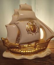 Vintage MCM Ship Galleon Boat TV Lamp Ceramic Creamy White & Gold  Nightlight picture