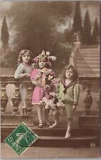 c1900s European RPPC Greetings Postcard 3 Kids / Roses - Hand-Colored Photo picture