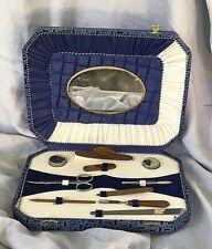 Vintage Manicure Set 10 pc in Vanity Box Oval Mirror Lined Germany picture