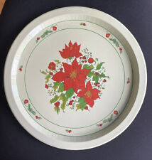 Vintage Hartin Christmas Red Poinsettia Tin Metal Serving Tray 13” Round EUC picture