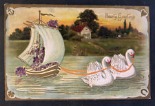 Postcard - Hearty Greetings - Swans pulling boat - Germany 1912 picture