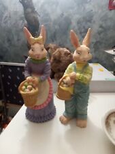 PAIR OF VINTAGE EASTER RABBIT BUNNY RESIN FIGURES FIGURINES BOY & GIRL picture