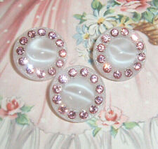 3 LOVELY VINTAGE LA MODE WHITE GLASS MOONGLOW BUTTONS w/PINK RHINESTONES 11/16