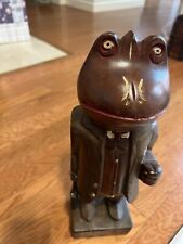 large carved vintage wooden frog statue standing bow tie suit figure carving  picture