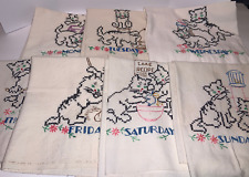 Vintage LOT OF 7 Embroidered CAT Dish Towels for each day of week MON - SUN picture