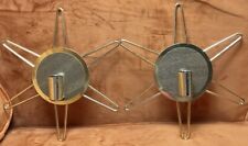Pair 2 Vintage MCM Gold tone Metal Starburst Atomic Wall Sconces Candle Holders picture