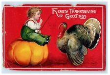 1911 Clapsaddle Thanksgiving Pumpkin Boy Child Turkey Greeting Postcard picture