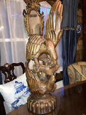 Rare 2 Carved Wood Eagles Fighting Over Fish Sculptures Large 27 Inches picture
