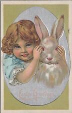 Postcard Easter Greetings Little Girl Covering Albino Rabbit's Eyes  picture