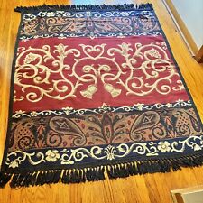 Vintage Tapestry Cotton Throw Rug Fringe Woven Wine Gold Black 56 X 48” picture