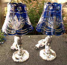 Pair Of International Silver Co. Cobalt Blue Cut To Clear Lamps 12