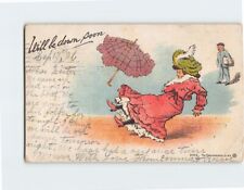 Postcard Will be down soon with Slipping Woman Mailman Humor Comic Art Print picture