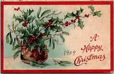 c1900s A Happy Christmas Postcard Holly and Berries Color Posted Stamp picture