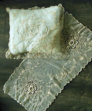 Antique Embroidered Net Lace Table Runner and Pillow Cover, Natural Ecru picture