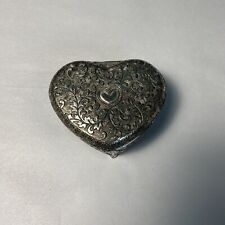 Vintage Heart Shaped Etched Metal Trinket Box With Red Lining 3” picture