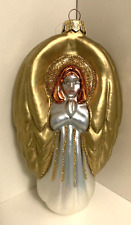 Vintage Blown Glass Angel Christmas Ornament Made Poland 6-1/4” Gold Glitter picture
