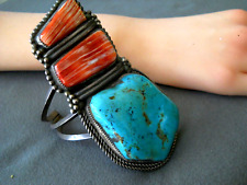 HUGE Native American Navajo Turquoise Spiny Oyster Sterling Silver Cuff Bracelet picture