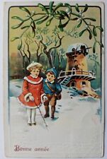 Bonne Anne Happy New Year Holidays Kids Snow Antique Postcard Posted 1908 picture