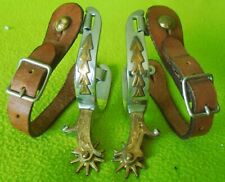 FANCY Vintage Engraved Brass Mounter ROOSTER Shank Cowboy SPURS~CHAP GUARD~NICE picture