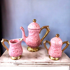 Vintage 1950's Embossed Ceramic Pink Rose Gold Gilt Teapot, Sugar and Creamer picture
