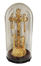 Antique Brass Arma Christi Crucifix Skull Crossbones Under Glass Dome 11 3/4