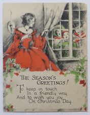 Vtg Art Deco Christmas Card-LOVELY LADY AT WINDOW  LOOKS AT CAROLERS OUTSIDE picture