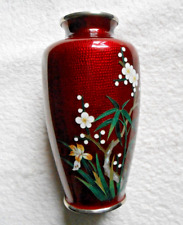 SATO Cloisonne Vase Red Cherry Blossom Bamboo & Bird picture