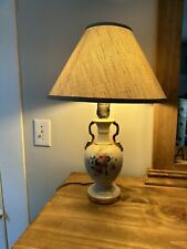 Vintage Table Lamp Ceramic Ivory Gold Painted Floral & Shade 10” Base picture