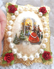 Antique Style Christmas Ornament-HANDMADE VINTAGE IMAGE CERAMIC OVAL w/PEARLS picture