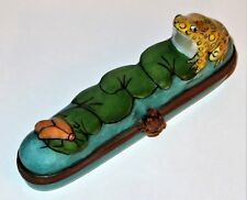 LIMOGES FRANCE PIN BOX- SPOTTED YELLOW FROG & INSECT ON LILY PADS IN POND - TOAD picture